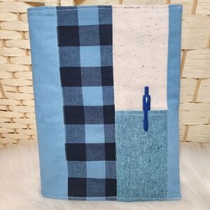 Handmade Quilted Blue Cotton Notebook Cover With Pen Pocket Pen Not Included